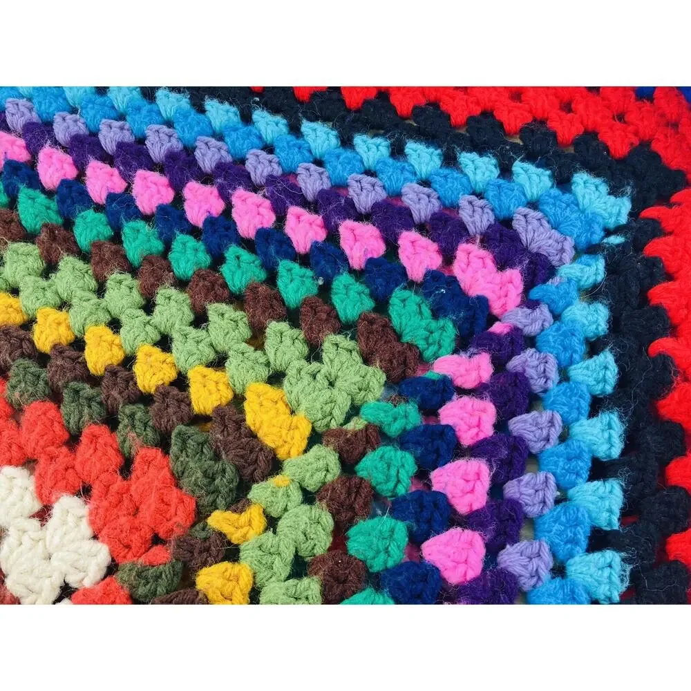 Vintage ONE Granny Square Afghan Crochet Blanket Throw Bright Multicolor Retro H